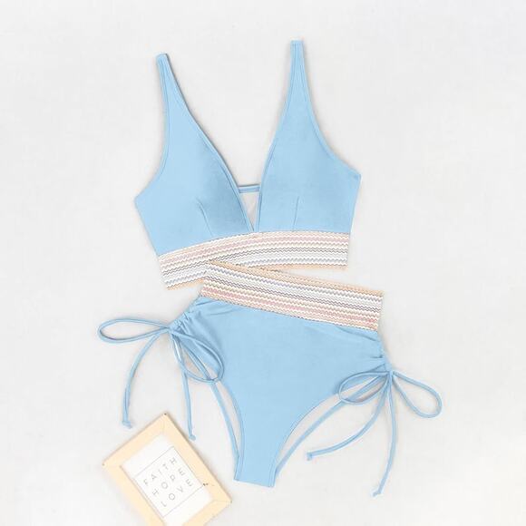 Lowock NEW Women's High Waisted 2 Piece Bikini Set Light Blue Size Large - Picture 3 of 10